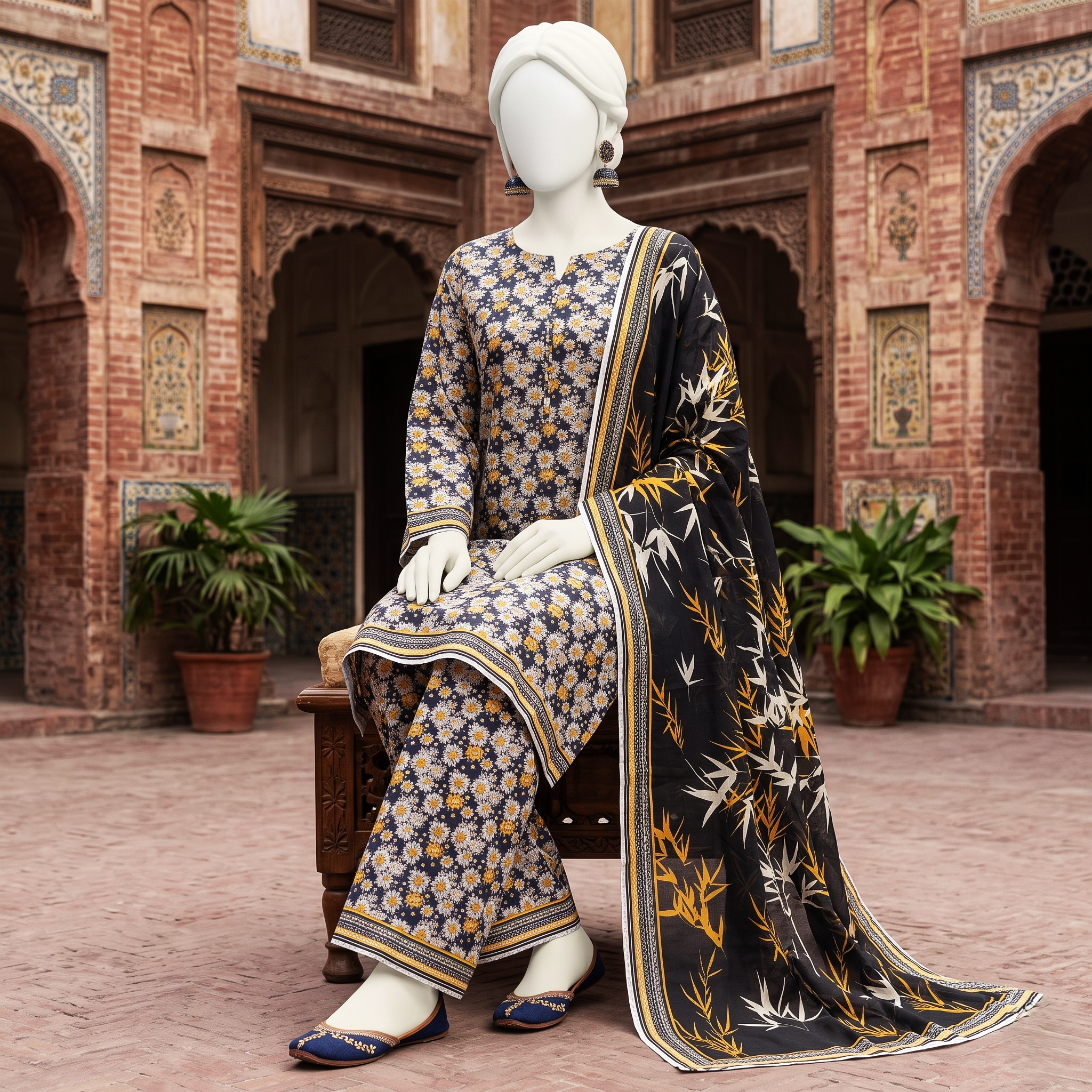 A mannequin wearing a dark-themed floral printed 3-piece unstitched lawn suit featuring a matching shirt, trousers, and a dupatta displayed in a traditional architectural setting at ZH2 Store..