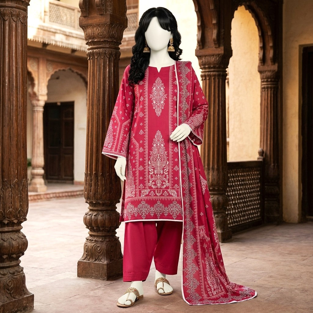 A mannequin displaying a vibrant crimson 3-piece unstitched lawn suit with intricate patterns, set against a traditional architectural backdrop.