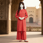 "Woman wearing a premium cotton-silk unstitched 2-piece suit with serene botanical printed work from ZH2 Store."