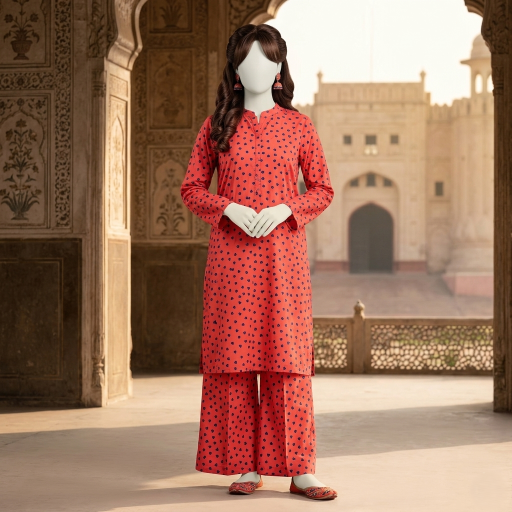 "Woman wearing a premium cotton-silk unstitched 2-piece suit with serene botanical printed work from ZH2 Store."