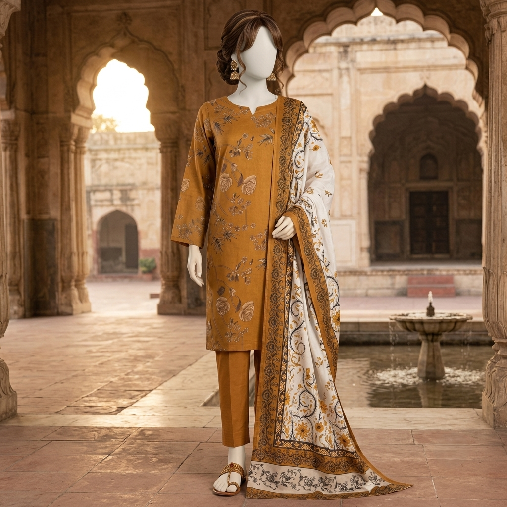 Mustard floral embroidered 3-piece unstitched lawn suit displayed on a mannequin, ZH2 Store