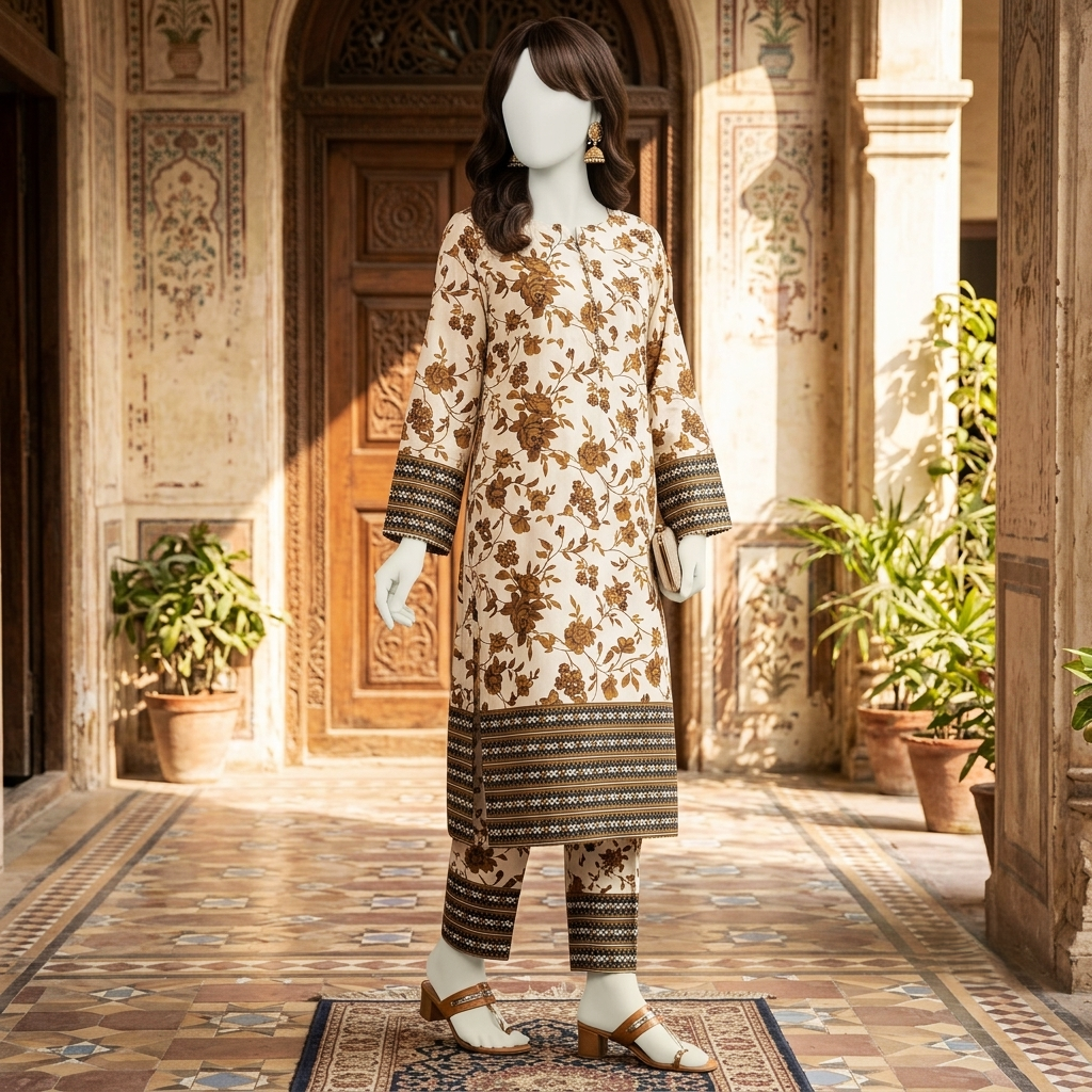 Mannequin wearing an unstitched 2-piece cotton silk suit in earthy gold-brown with floral prints and a chunri border.