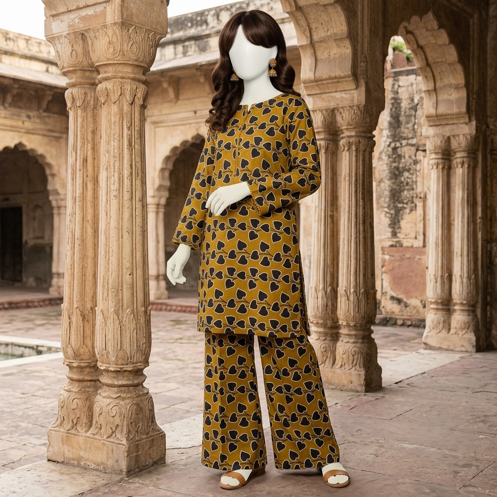 "Woman wearing a mustard and charcoal heart-printed 2-piece unstitched cotton suit"