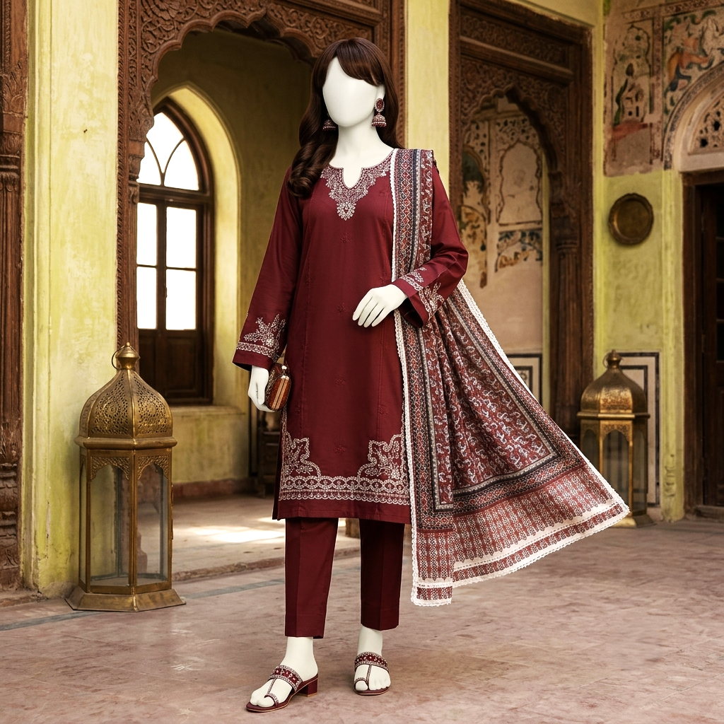 Premium 3-piece printed unstitched lawn suit collection by ZH2 Store, featuring a 2.9-meter printed shirt, 2.3-meter dupatta, and 2.3-meter trouser fabric with intricate floral and ethnic designs on a mannequin.