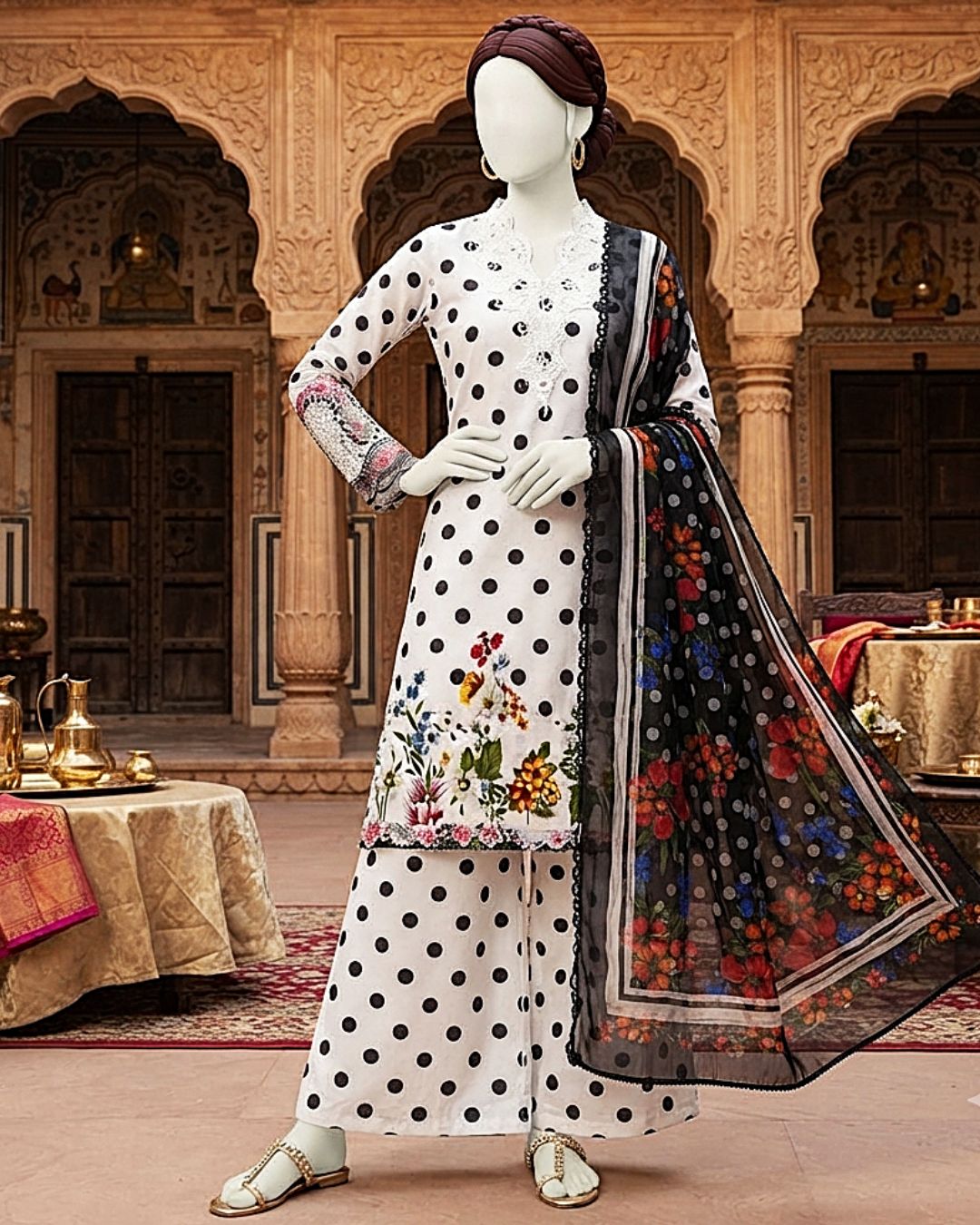 Elegance Polka Dot 3-Piece Unstitched Lawn Suit with Floral Hem and Dupatta