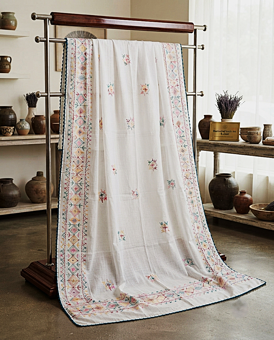 White chaddar with red and green floral botanical embroidery displayed on a rack