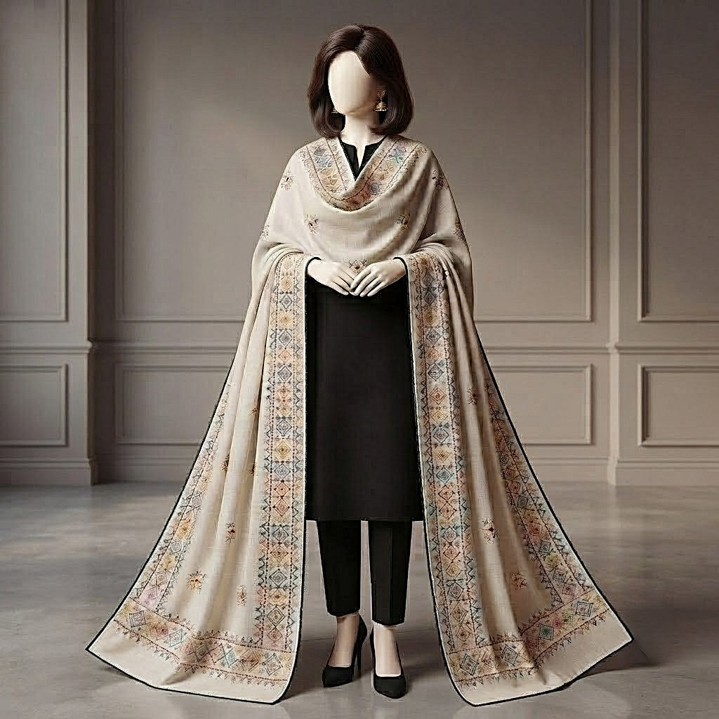 Mannequin wearing a black outfit styled with a 2.3m white chaddar featuring multi-colored traditional embroidery