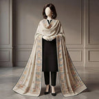 Mannequin wearing a black outfit styled with a 2.3m white chaddar featuring multi-colored traditional embroidery