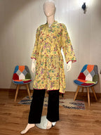 Sunny Yellow Floral Printed Cotton Frock Style Kurti | Pleated Angrakha Style Tunic (LFS-3004)