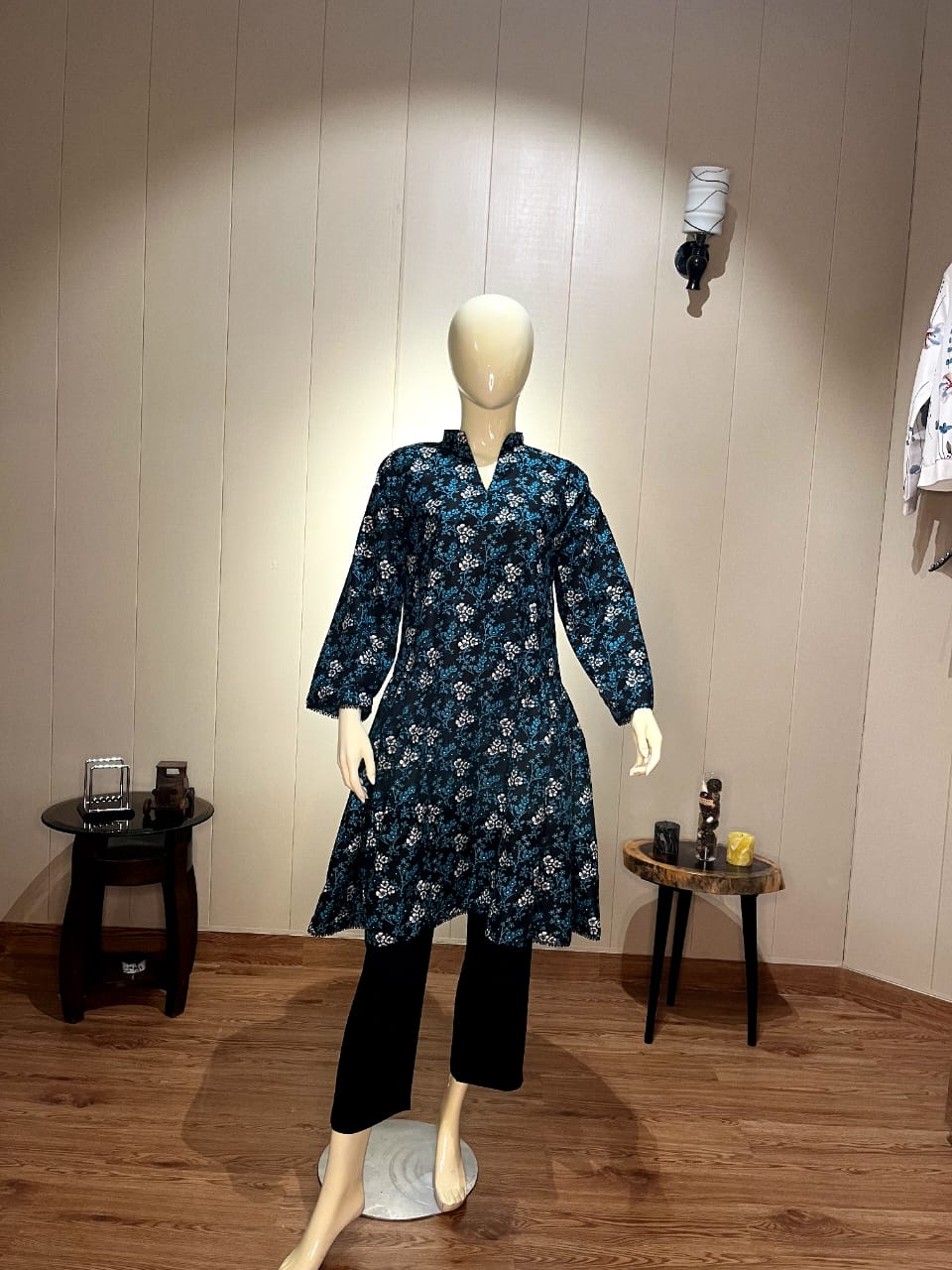 Elegant Black & Teal Floral Printed Cotton A-Line Kurti | Three-Quarter Sleeve Tunic Shirt (CFS-3012)