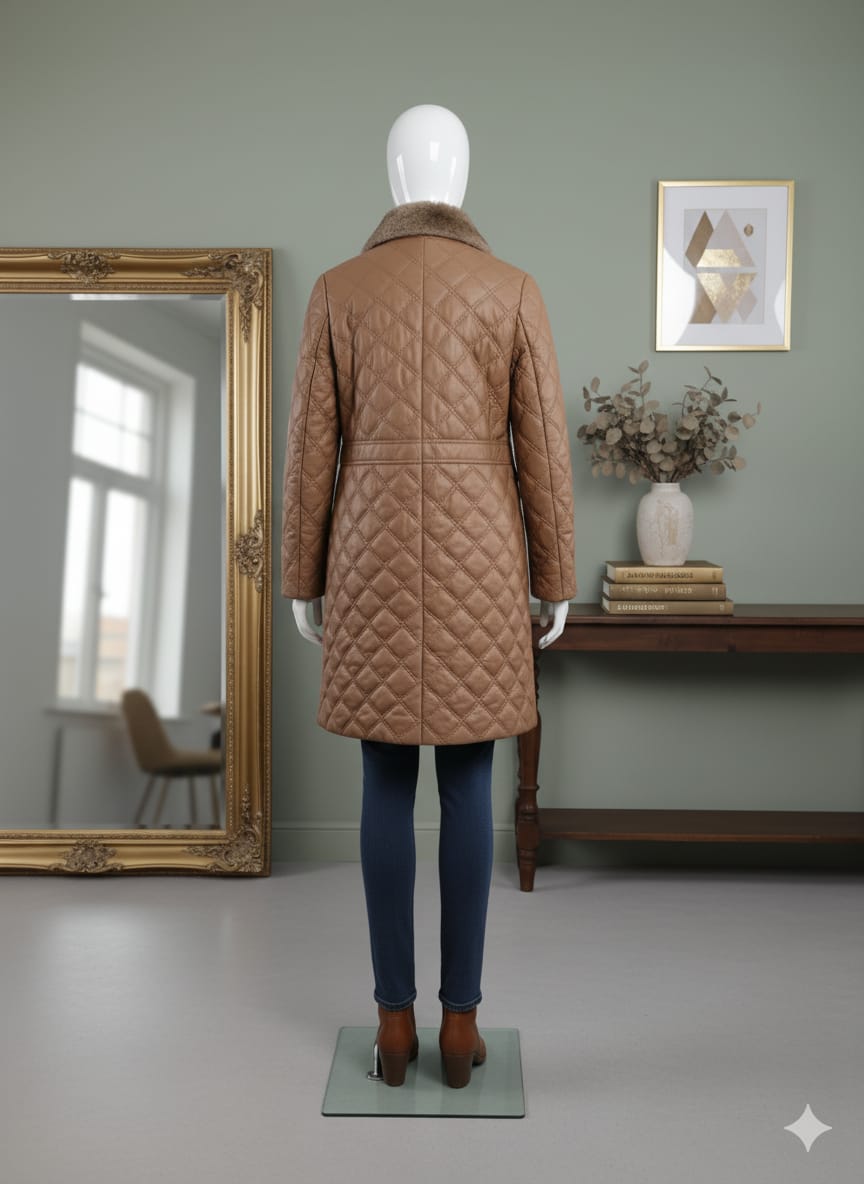 "Imported Women's Diamond Quilted Coat with Faux Shearling Collar"  (9002)
