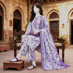 Premium 3-piece printed unstitched lawn suit collection by ZH2 Store, featuring an elegant floral and ethnic-inspired design with a 3.3-meter shirt, 2.2-meter dupatta, and 2.2-meter trouser fabric displayed on a mannequin.