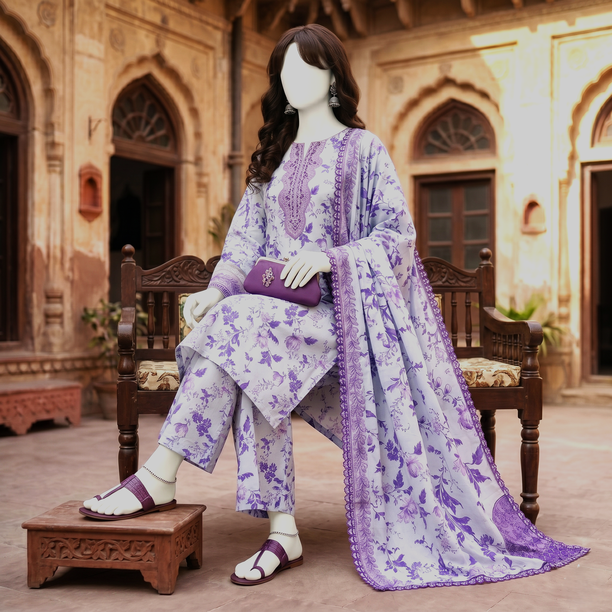 Premium 3-piece printed unstitched lawn suit collection by ZH2 Store, featuring an elegant floral and ethnic-inspired design with a 3.3-meter shirt, 2.2-meter dupatta, and 2.2-meter trouser fabric displayed on a mannequin.
