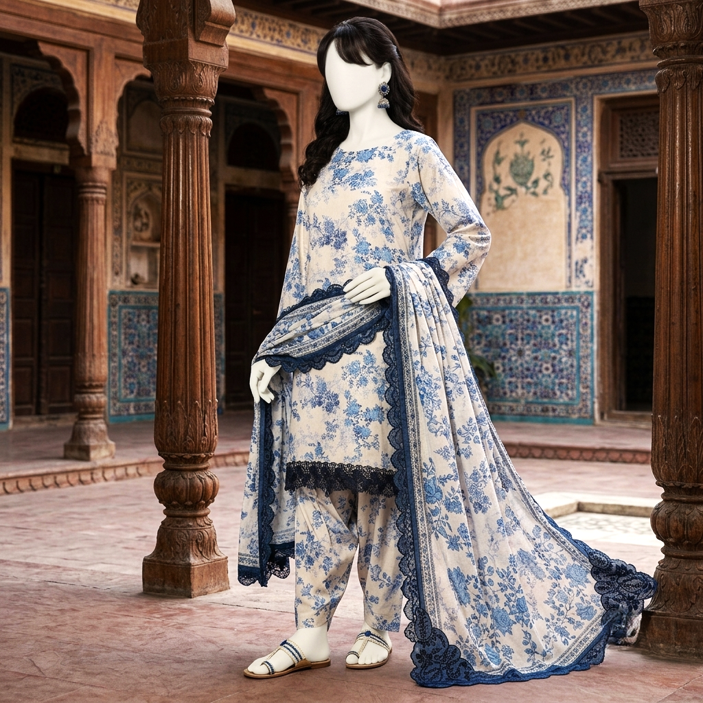 A mannequin displaying the blue floral printed 3-piece unstitched lawn suit, highlighting the intricate lace detailing on the sleeves and daman.
