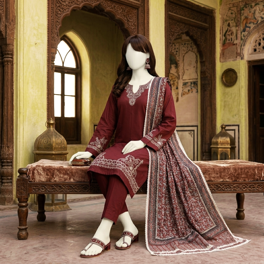 Premium 3-piece printed unstitched lawn suit collection by ZH2 Store, featuring a 2.9-meter printed shirt, 2.3-meter dupatta, and 2.3-meter trouser fabric with intricate floral and ethnic designs on a mannequin.