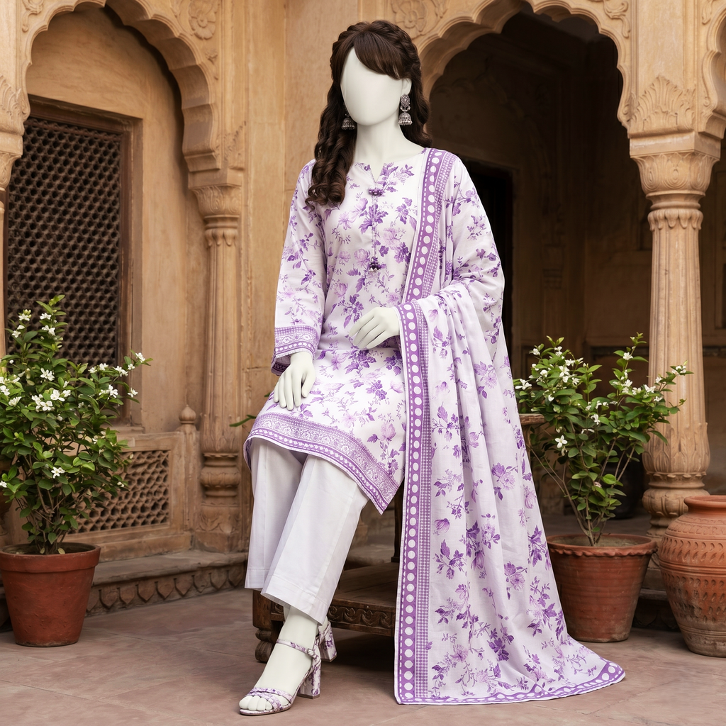 Premium 3-piece printed unstitched lawn suit collection by ZH2 Store, featuring a 2.1-meter shirt, 2.6-meter dupatta, and 2.2-meter trouser fabric with intricate floral and ethnic designs displayed on a mannequin.