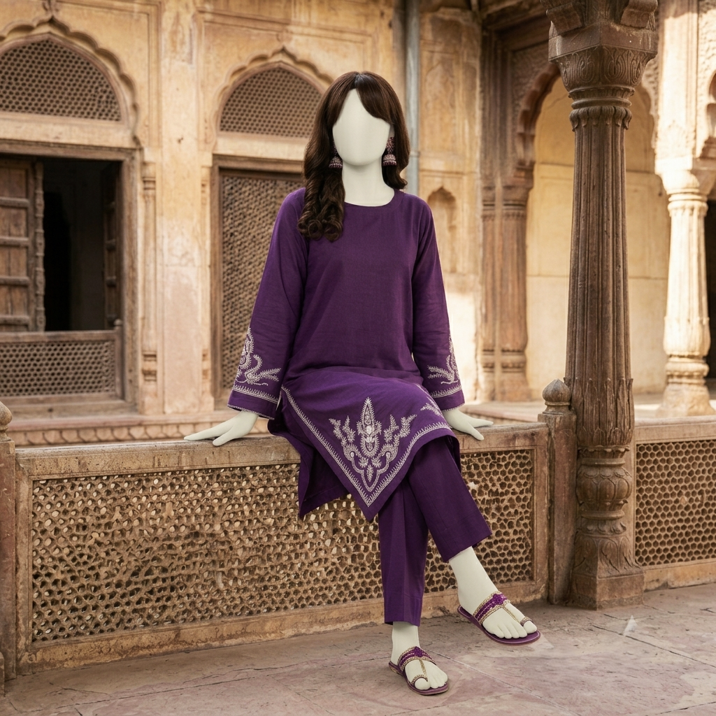 Premium 2-piece embroidered unstitched lawn suit collection by ZH2 Store, featuring a 1.2-meter embroidered shirt and 2.2-meter trouser fabric with intricate ethnic designs displayed on a mannequin.