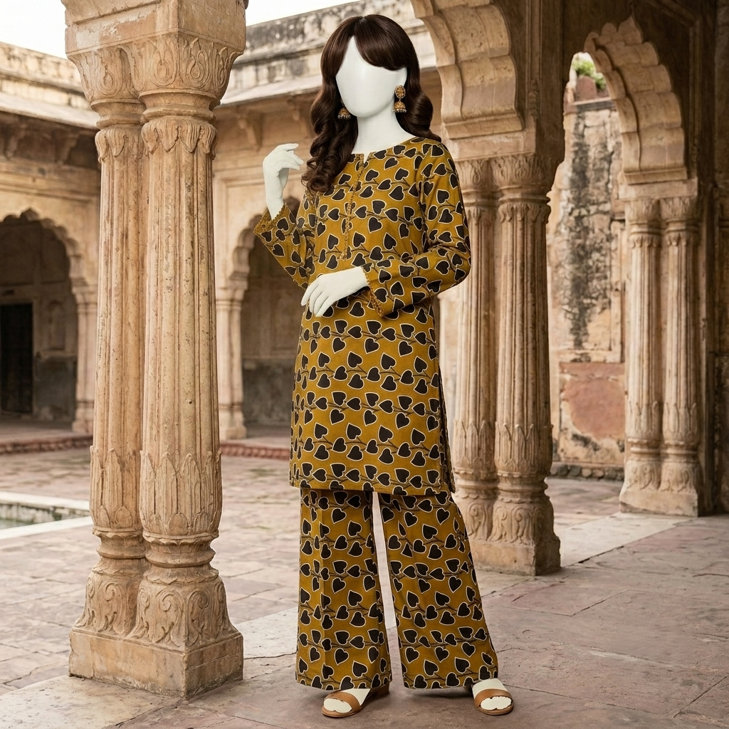 "Woman wearing a mustard and charcoal heart-printed 2-piece unstitched cotton suit"