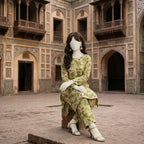 "Woman wearing a premium cotton-silk unstitched 2-piece suit with monochrome geometric printed work from ZH2 Store."