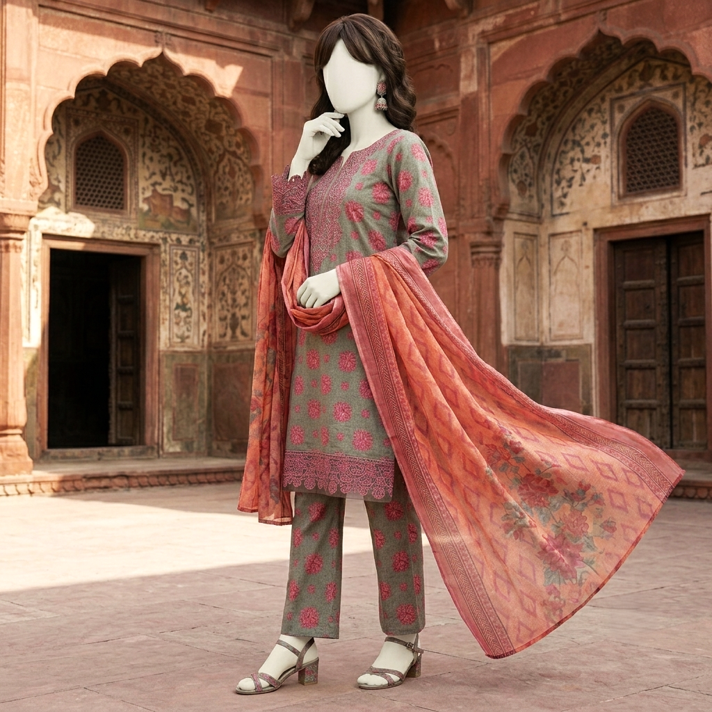 Premium 3-piece embroidered unstitched lawn suit collection by ZH2 Store, featuring a 2.2-meter shirt, 2.4-meter dupatta, and 2.3-meter trouser fabric with intricate floral and ethnic designs displayed on a mannequin.