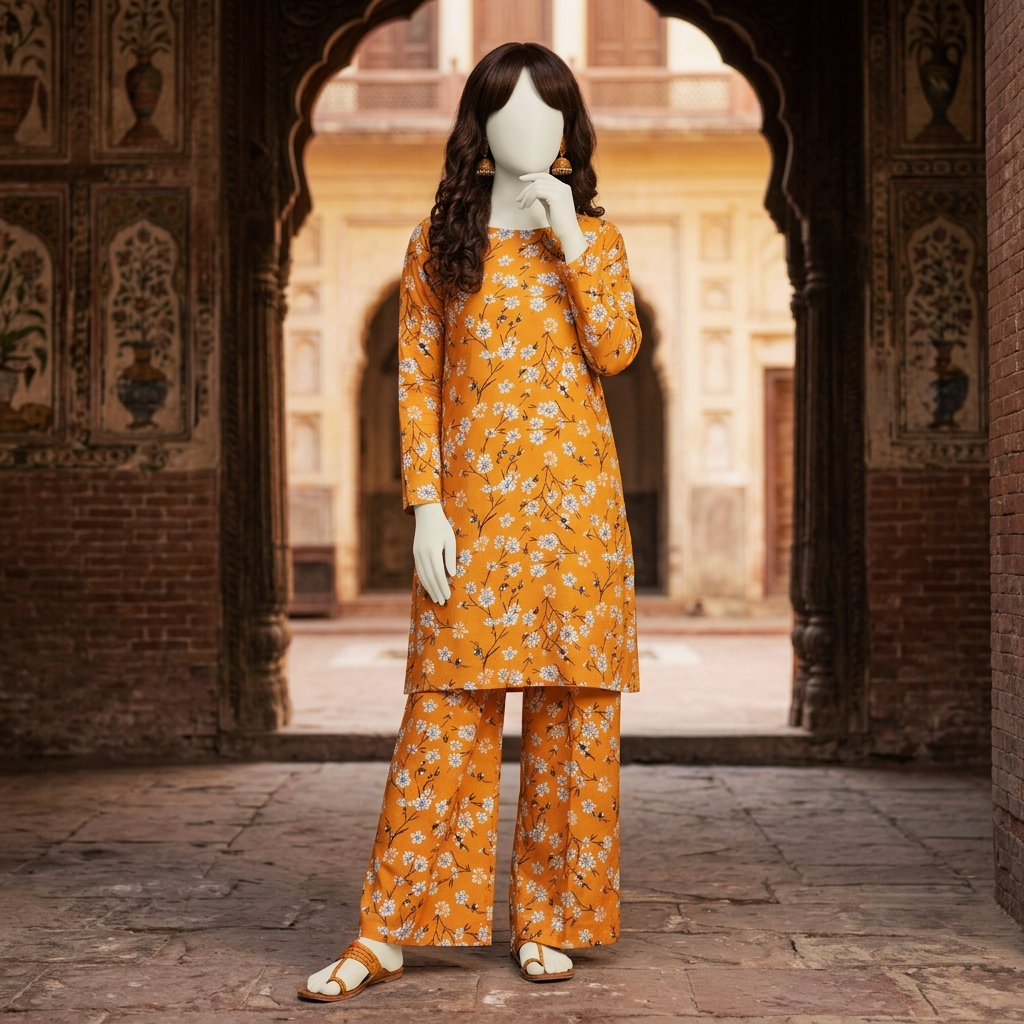Close-up view of the mustard cotton lawn shirt with white floral patterns from the ZH2 Store 2-piece collection.
