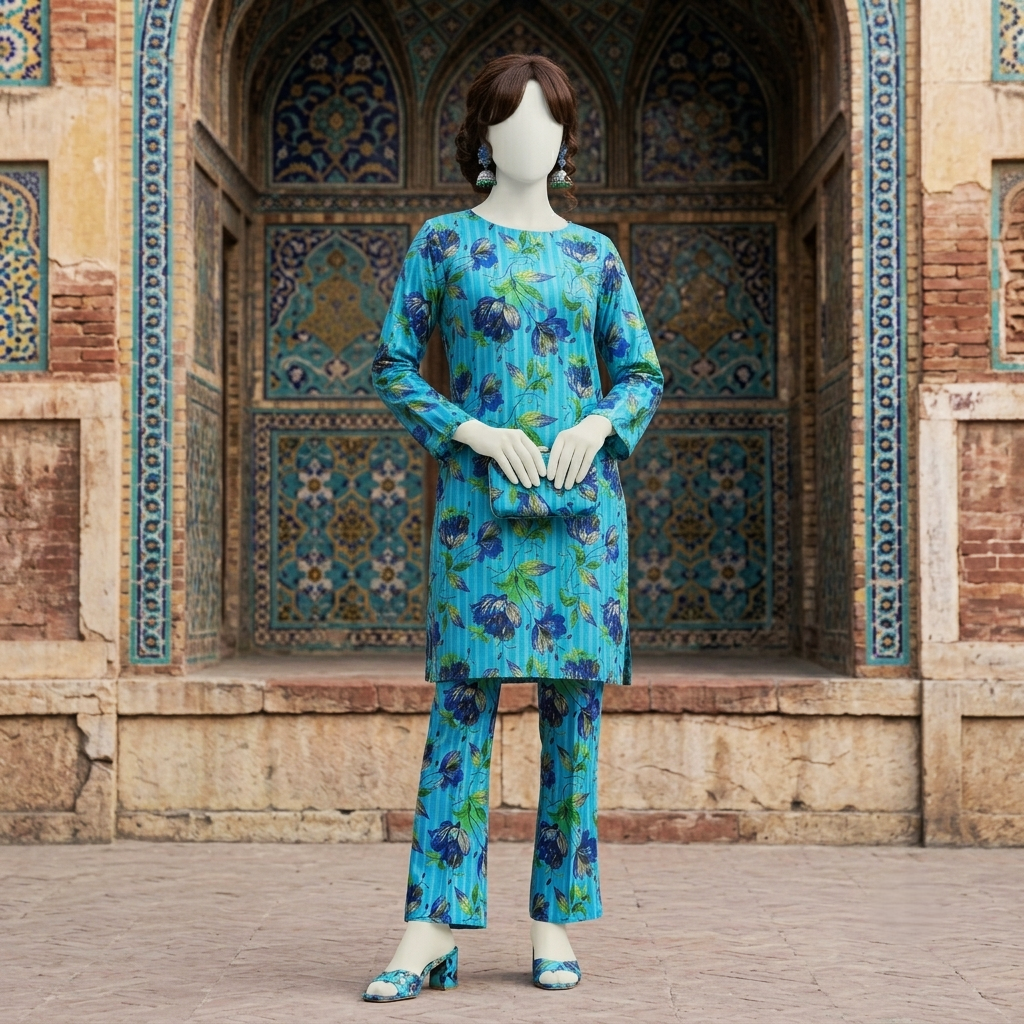ZH2 Store premium 2-piece unstitched cotton silk suit with floral print.