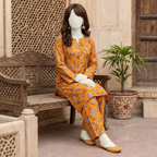 "Full view of mustard floral unstitched cotton shirt and trouser fabric"