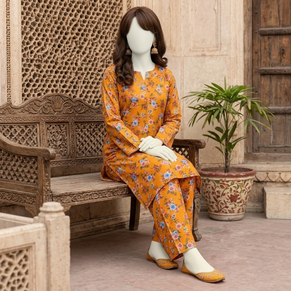 "Full view of mustard floral unstitched cotton shirt and trouser fabric"