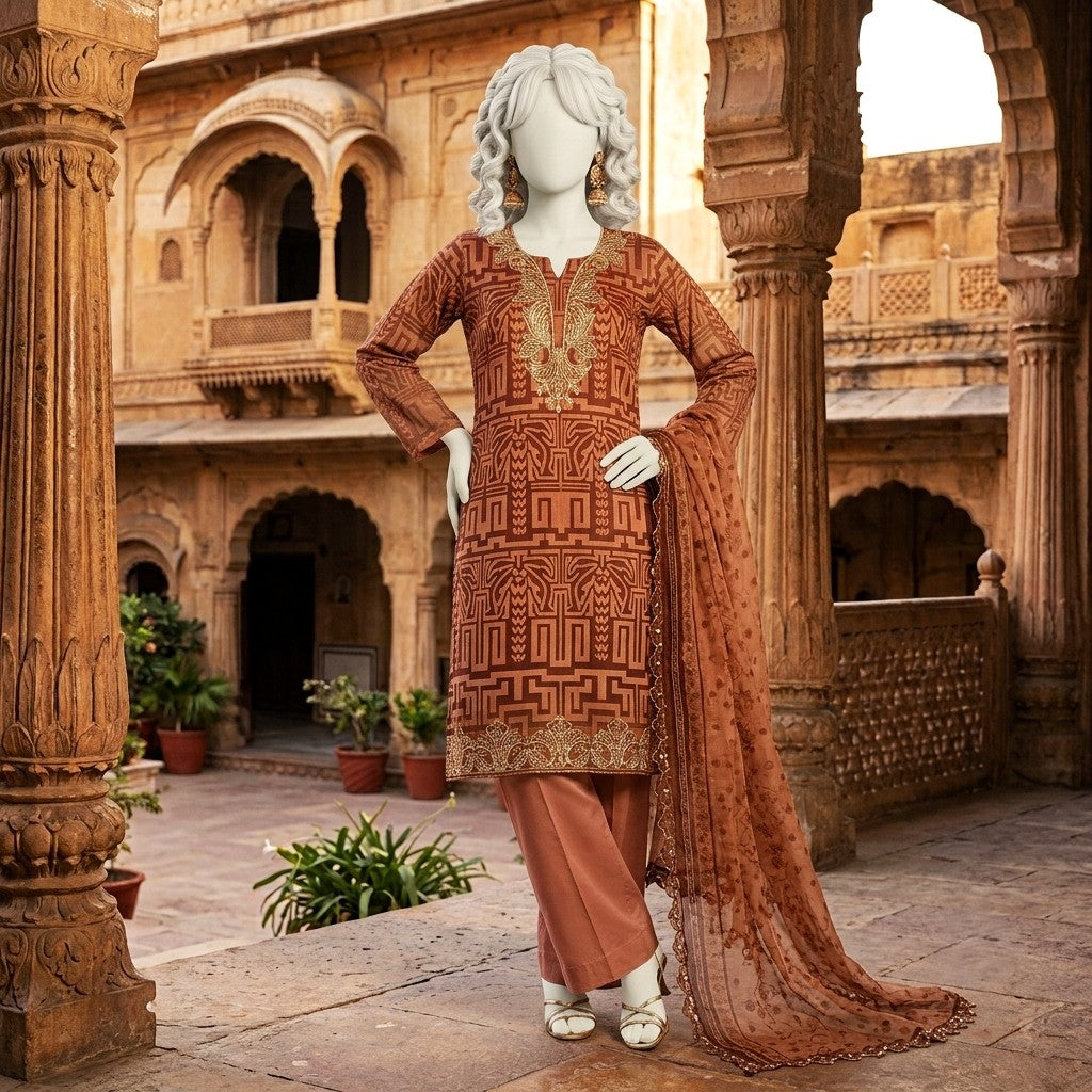 A mannequin displaying the full drape of the geometric printed 3-piece unstitched lawn suit, highlighting the intricate embroidery.
