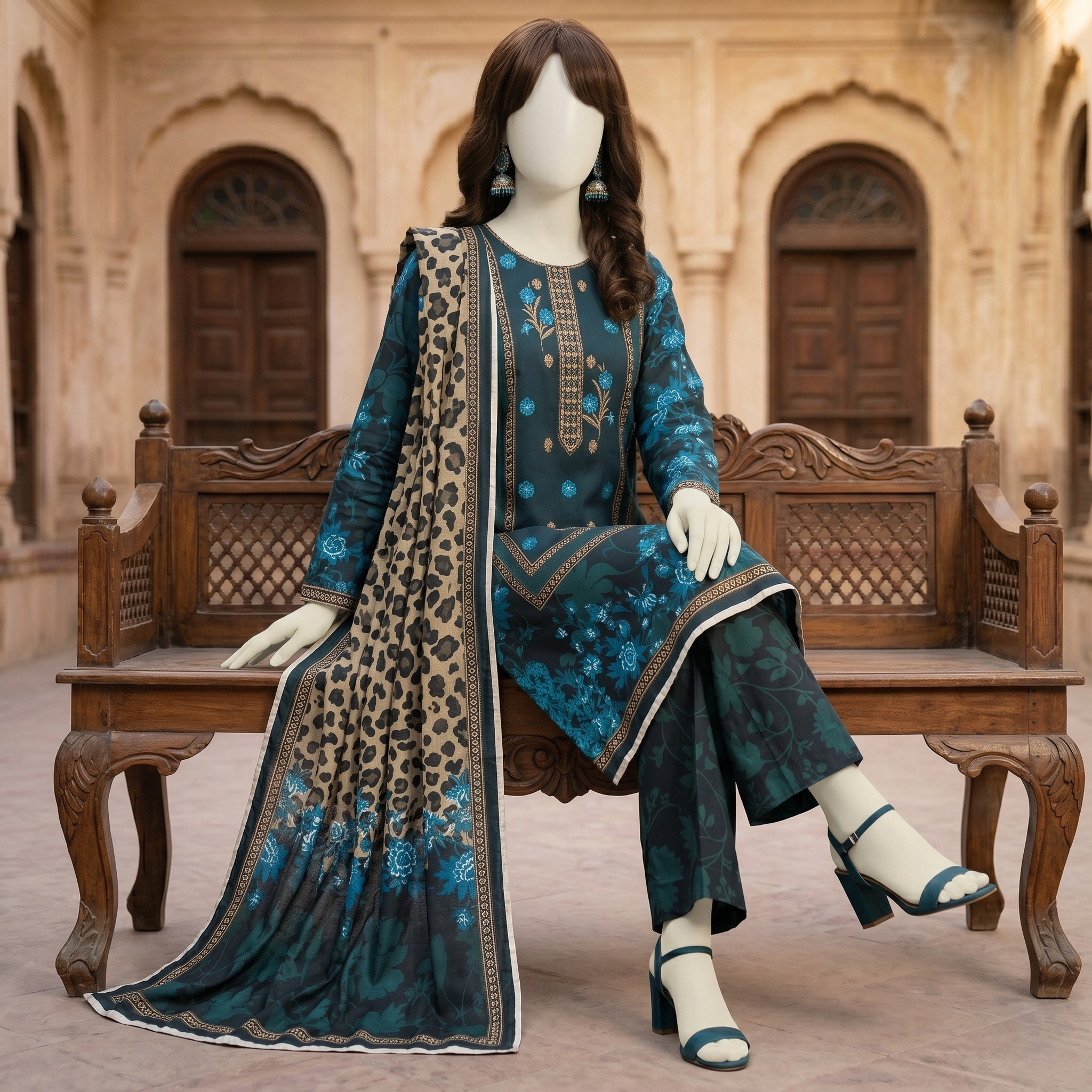 Premium 3-piece printed unstitched lawn suit collection by ZH2 Store, featuring a 2.7-meter shirt, 2.2-meter dupatta, and 2.2-meter trouser fabric with intricate floral and ethnic designs displayed on a mannequin.