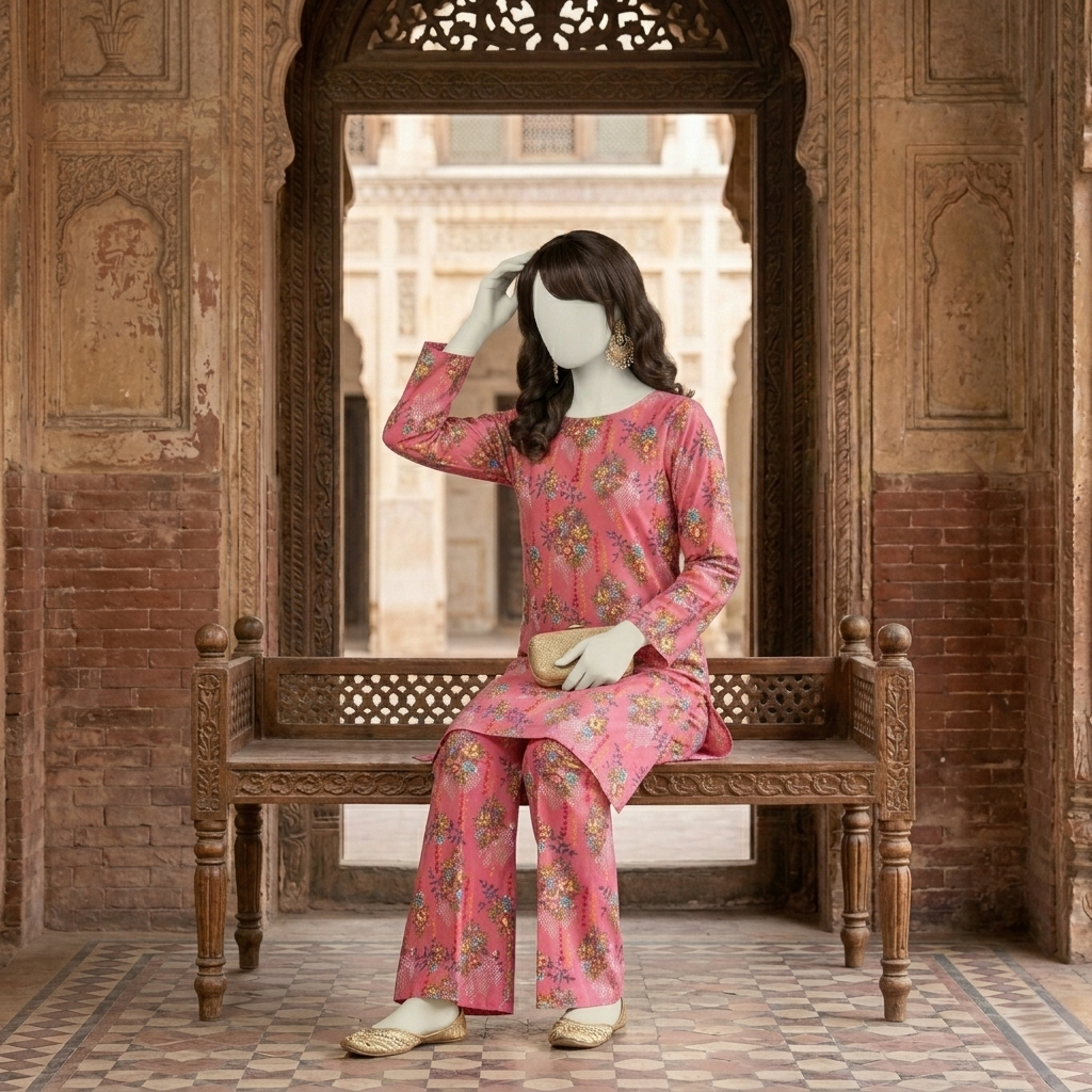 "Woman wearing premium cotton-silk unstitched 2-piece suit in Vintage yellow print from ZH2 Store"