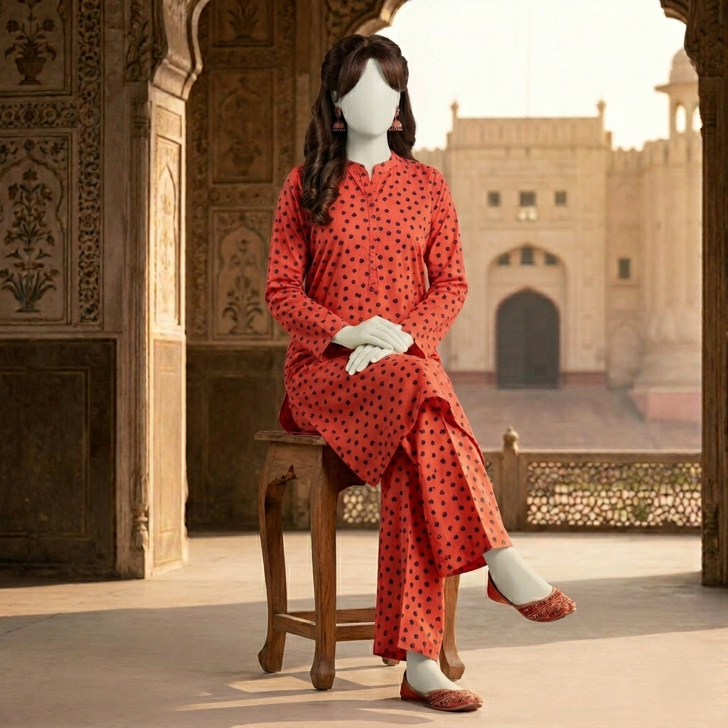 "Woman wearing a premium cotton-silk unstitched 2-piece suit with serene botanical printed work from ZH2 Store."