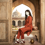 "A mannequin wearing a red-colored, traditional floral printed 2-piece cotton silk unstitched suit, available at ZH2 Store."