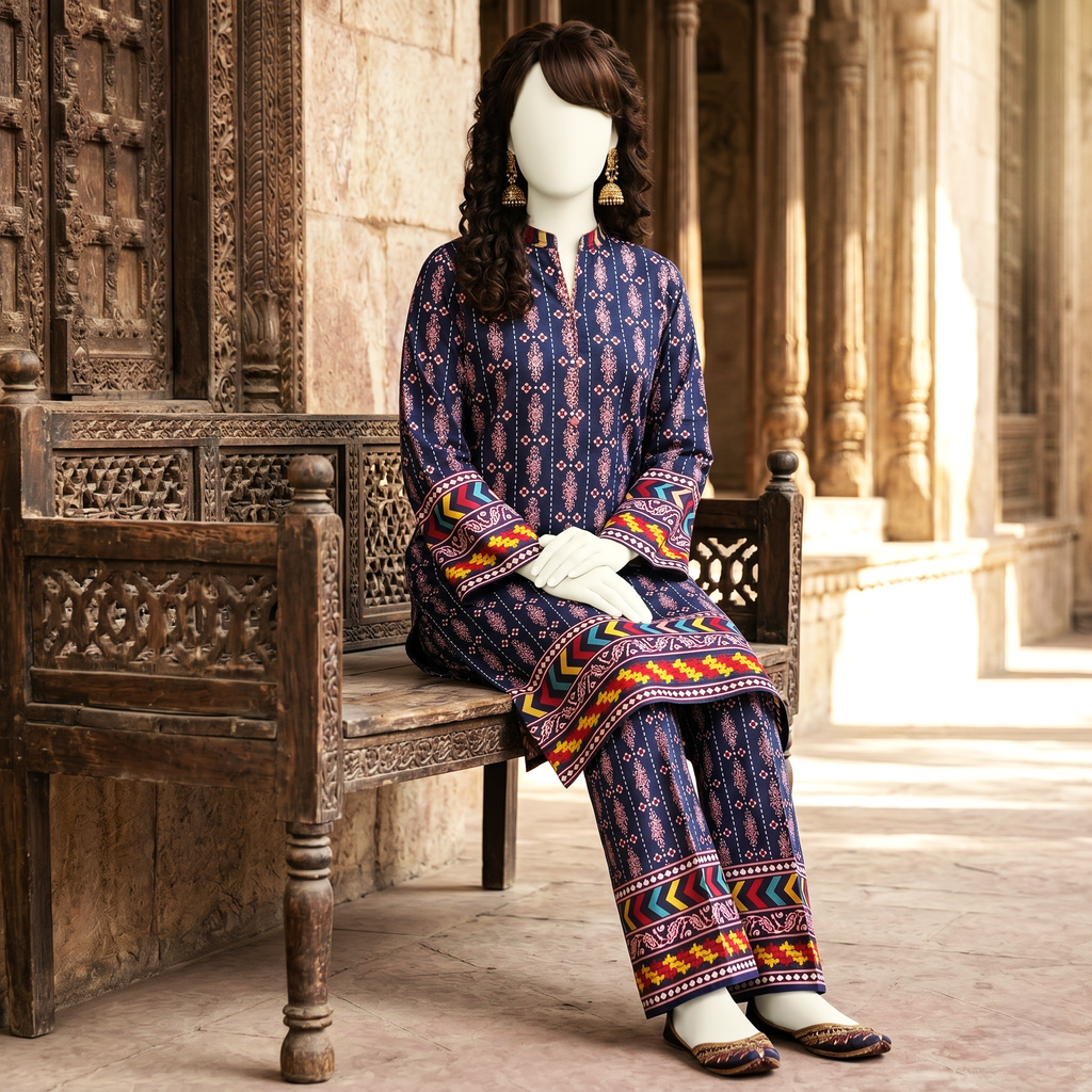 Seated view of blue unstitched printed cotton lawn suit, showcasing fabric drape and pattern.
