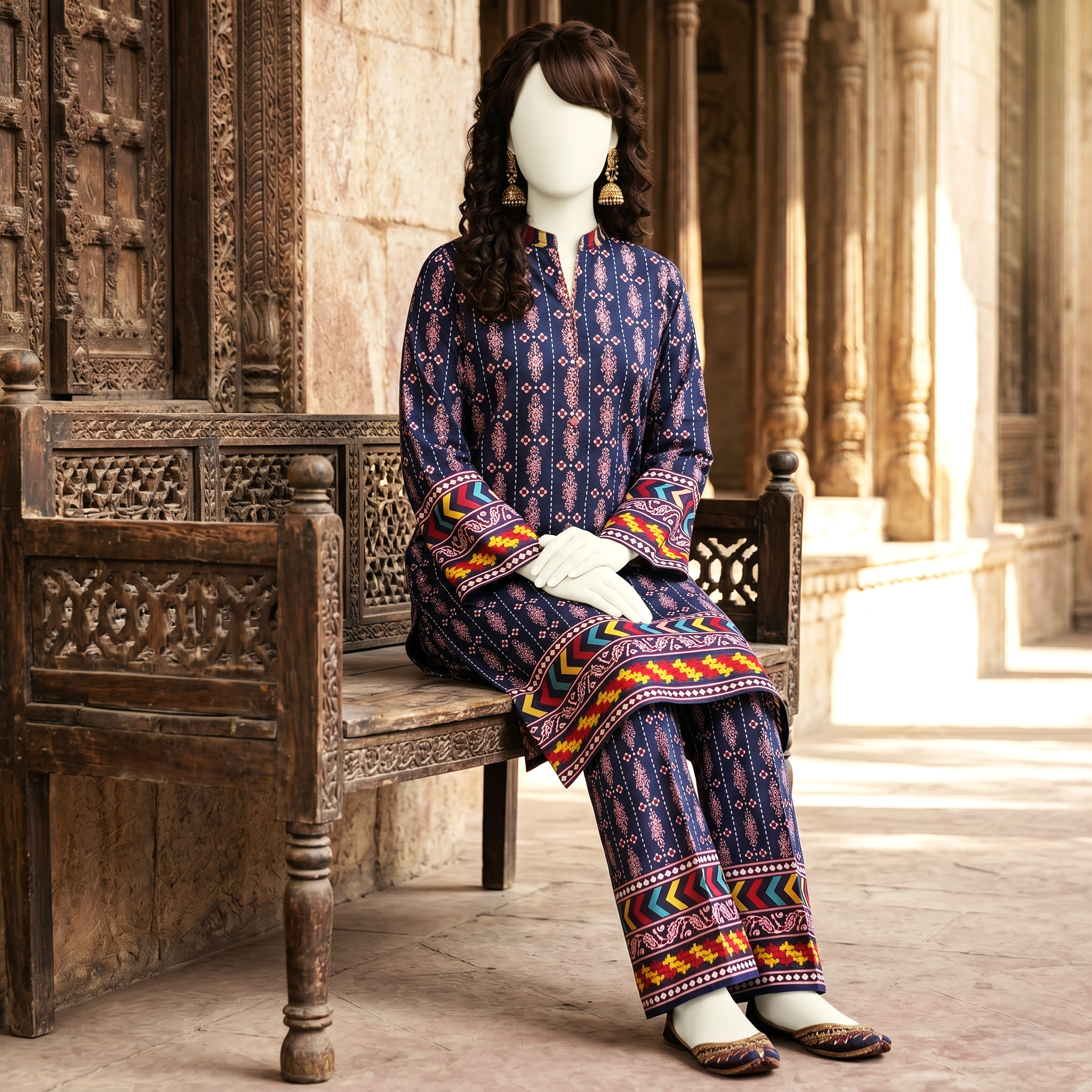 Seated view of blue unstitched printed cotton lawn suit, showcasing fabric drape and pattern.