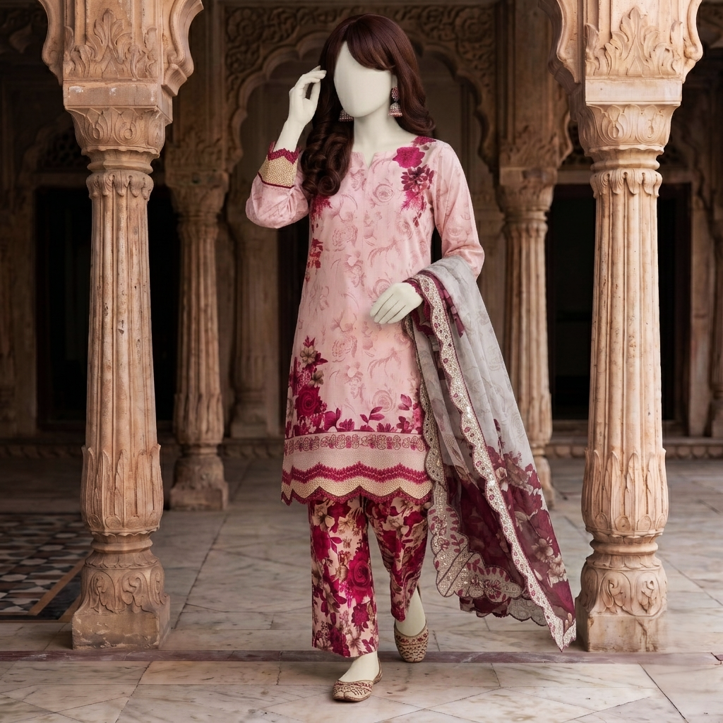 Close-up view of the aesthetic floral printed cotton fabric and intricate sleeve details of the ZH2 Store 3-piece unstitched suit.