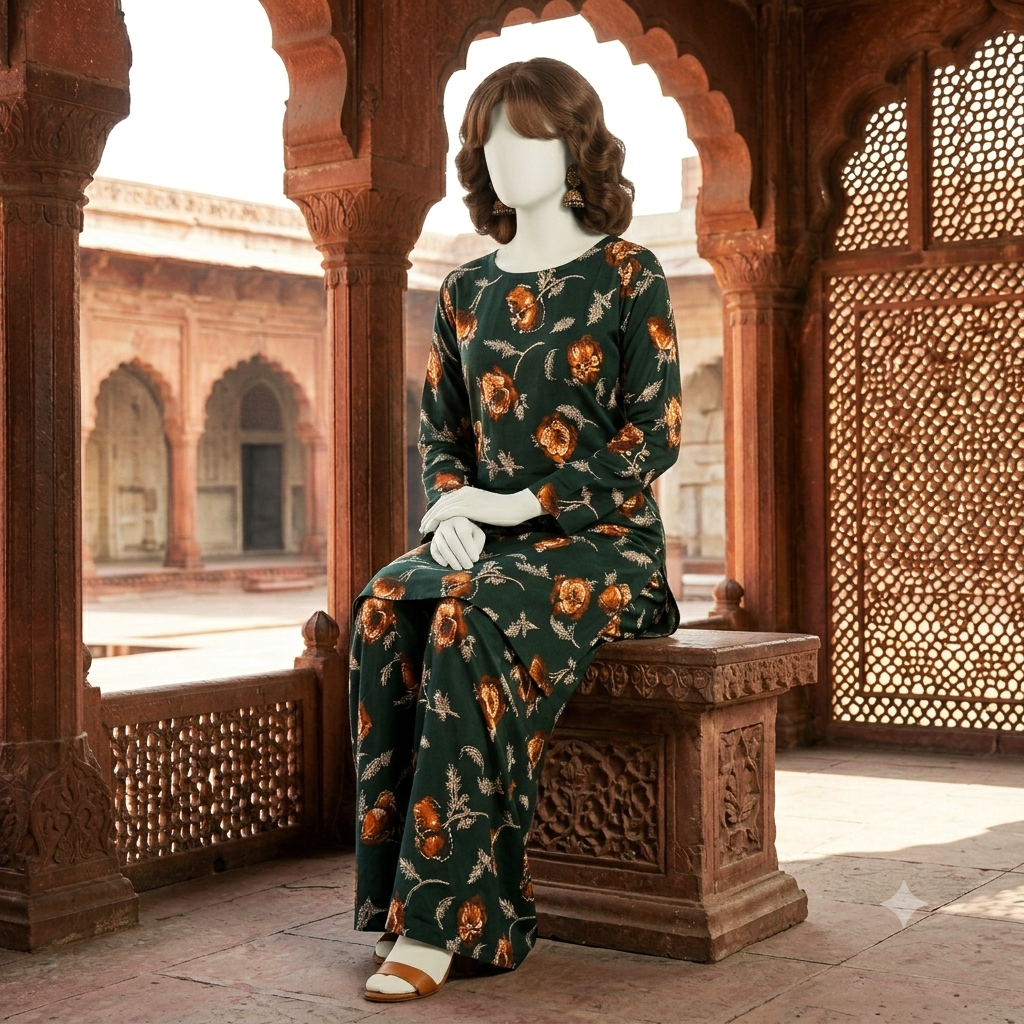 Model wearing a dark green floral printed 2-piece cotton silk unstitched suit by ZH2 Store."