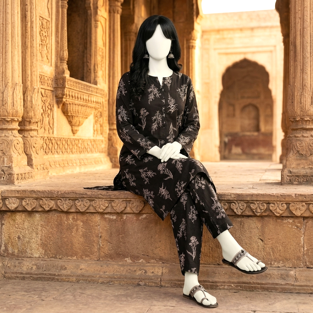"Woman modeling a premium cotton-silk unstitched 2-piece suit with elegant printed work from ZH2 Store."