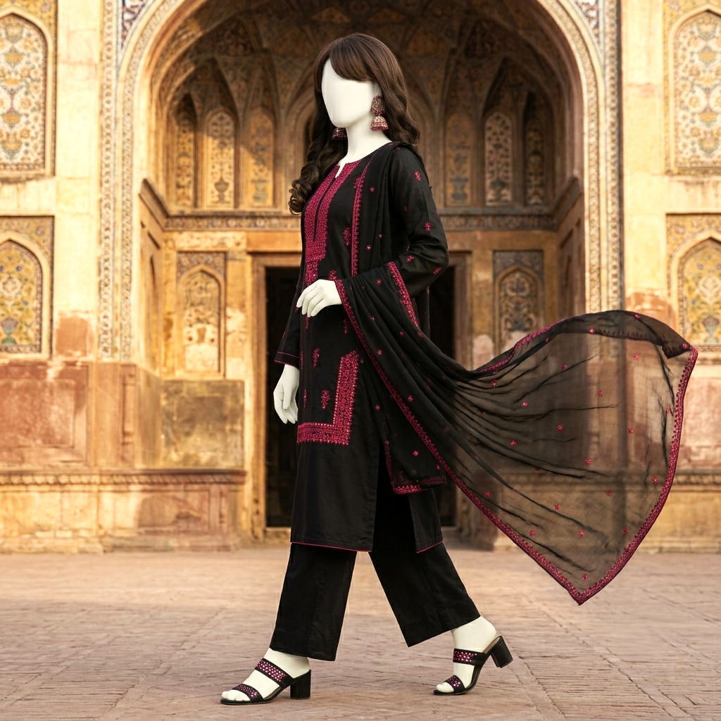 Black 3-piece unstitched lawn suit featuring vibrant fuchsia embroidery on the shirt and matching dupatta, displayed on a mannequin.