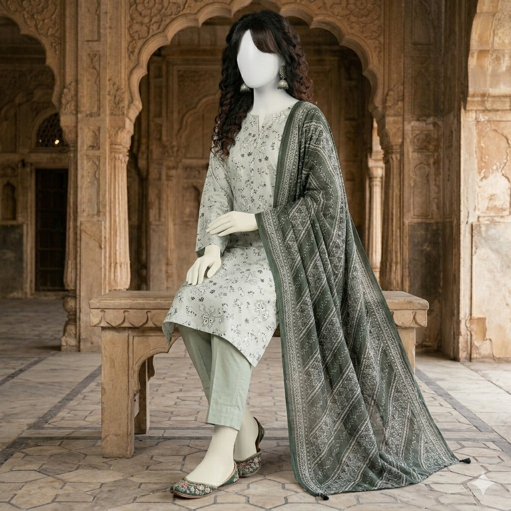 ZH2 Store Elegant Printed 3-Piece Unstitched Lawn Suit