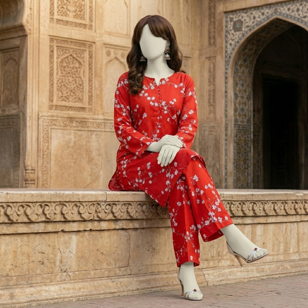 "Woman wearing a premium cotton-silk unstitched 2-piece suit with soft-toned elegant prints from ZH2 Store."