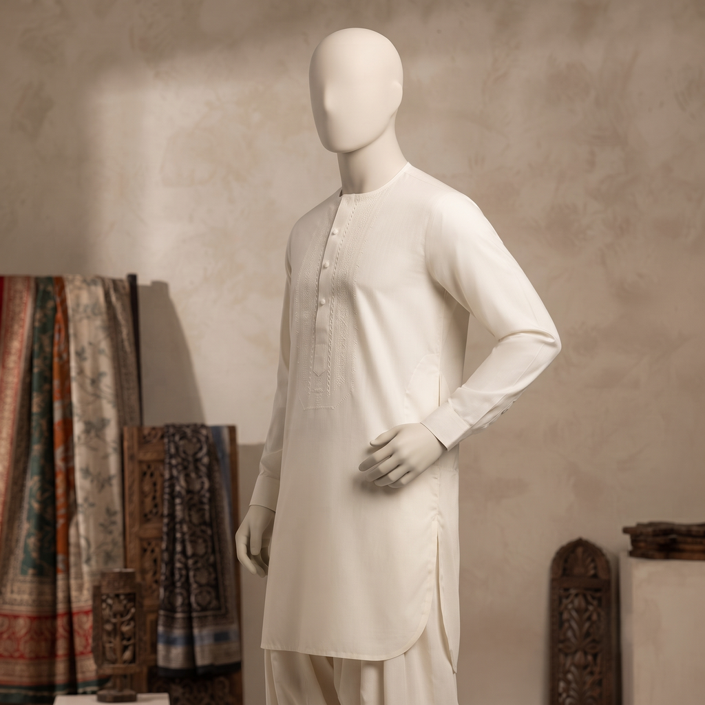 A side angle of the off-white men's round neck kurta, highlighting the clean silhouette and design by ZH2 Store.