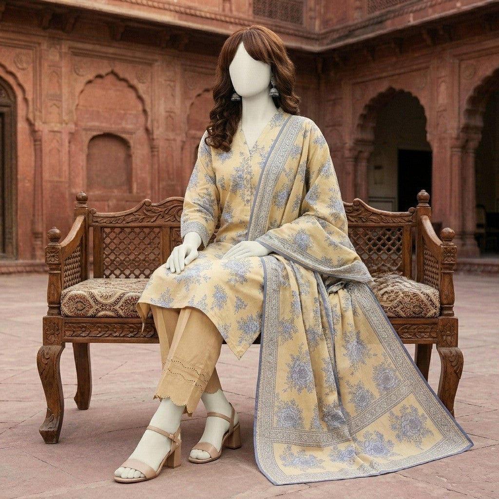 ZH2 Store Elegant Floral Printed 3-Piece Unstitched Lawn Suit