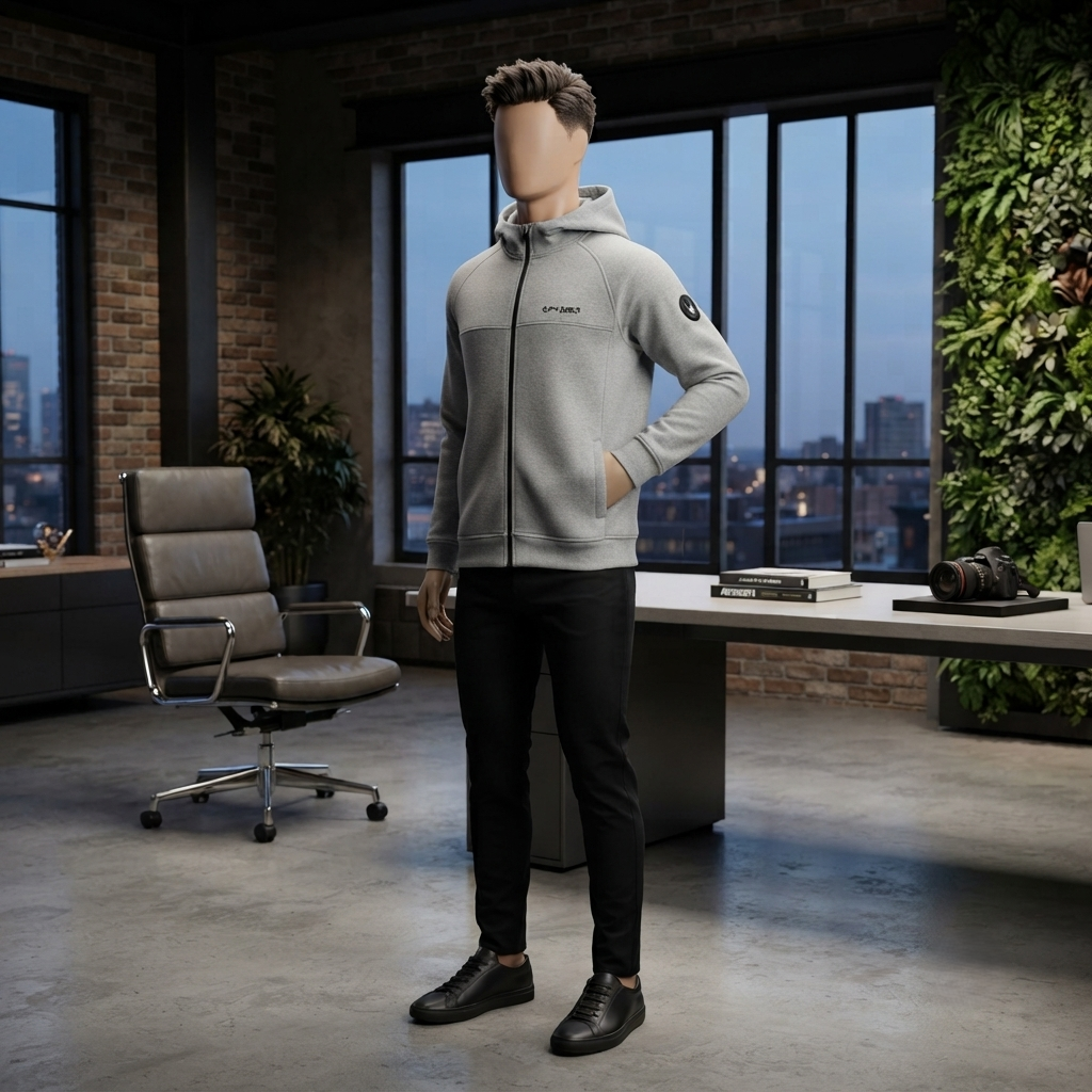 A standing pose showcasing the fit and modern style of the gray hoodie by ZH2 Store.