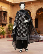 Full front view of Midnight Noir 3-piece embroidered black lawn suit with matching dupatta