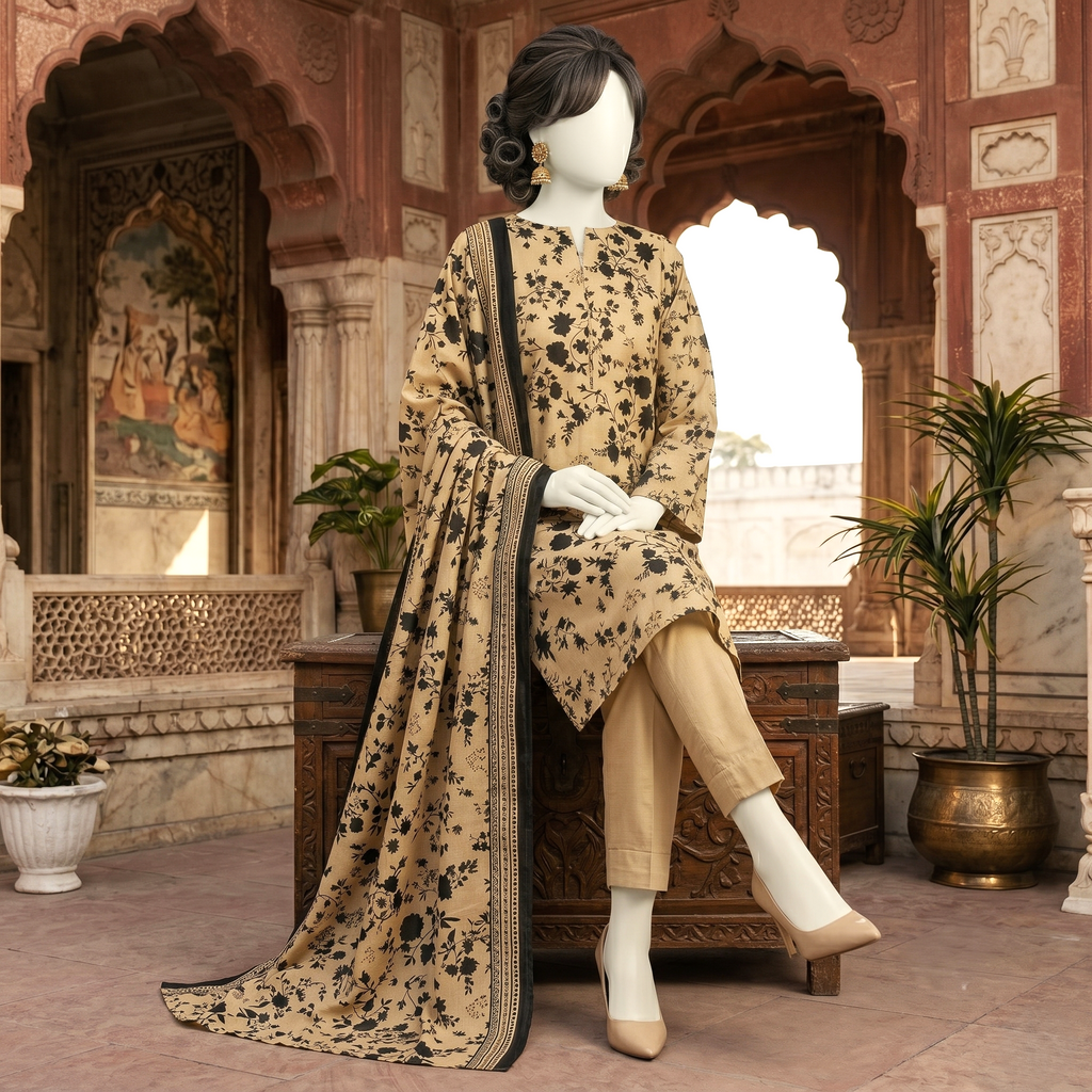 "Close-up view of a 3-piece printed lawn suit with beige shirt and black floral details, shown on a sitting mannequin, Zh2 Store"
