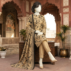 "Close-up view of a 3-piece printed lawn suit with beige shirt and black floral details, shown on a sitting mannequin, Zh2 Store"