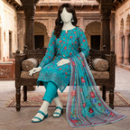ZH2 Store 3-piece unstitched printed lawn suit featuring fine floral vine motifs on a mannequin.