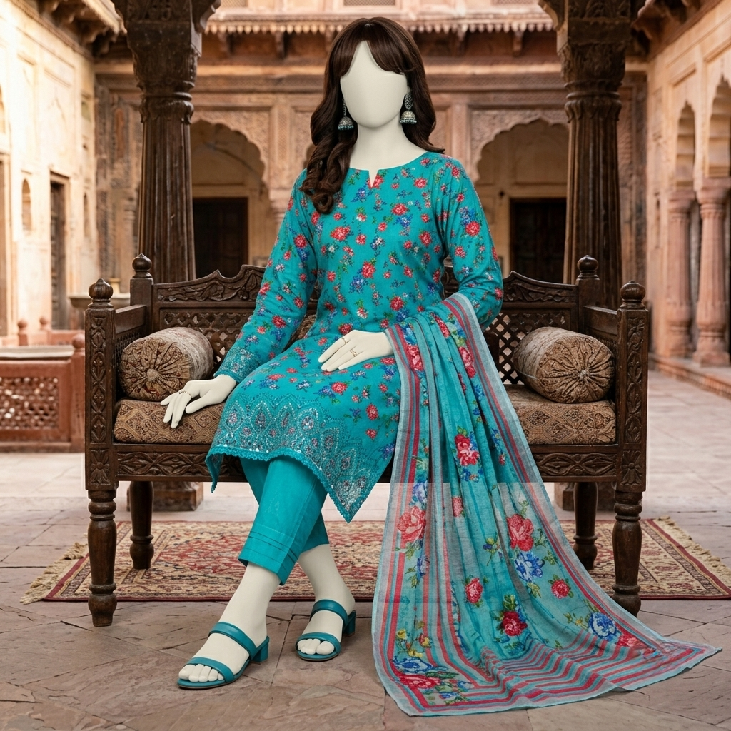ZH2 Store 3-piece unstitched printed lawn suit featuring fine floral vine motifs on a mannequin.