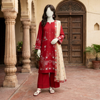 A mannequin displaying the crimson printed lawn shirt and trousers, highlighting the intricate print details.